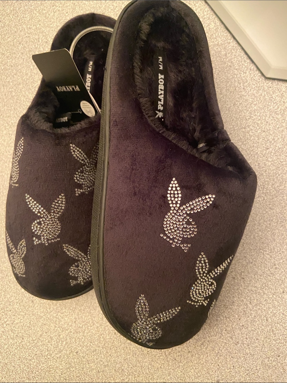 PLAYBOY Black Crystal Bunny Plush Slip-On Slippers